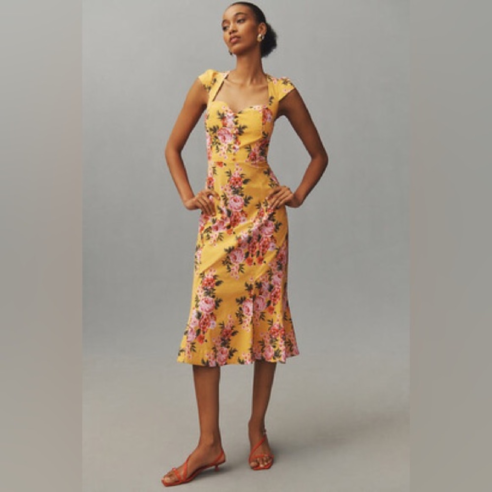Anthropologie Cecily Yellow Floral Midi Dress